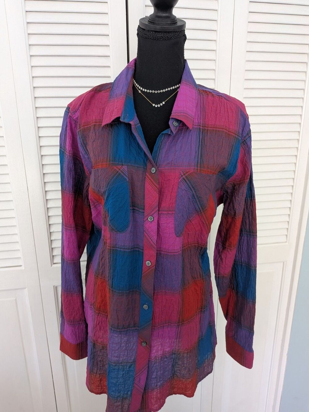 Eddie Bauer Classic Fit Shirt Cotton Blend 2X Red Blue Plaid Top Casual Normcore